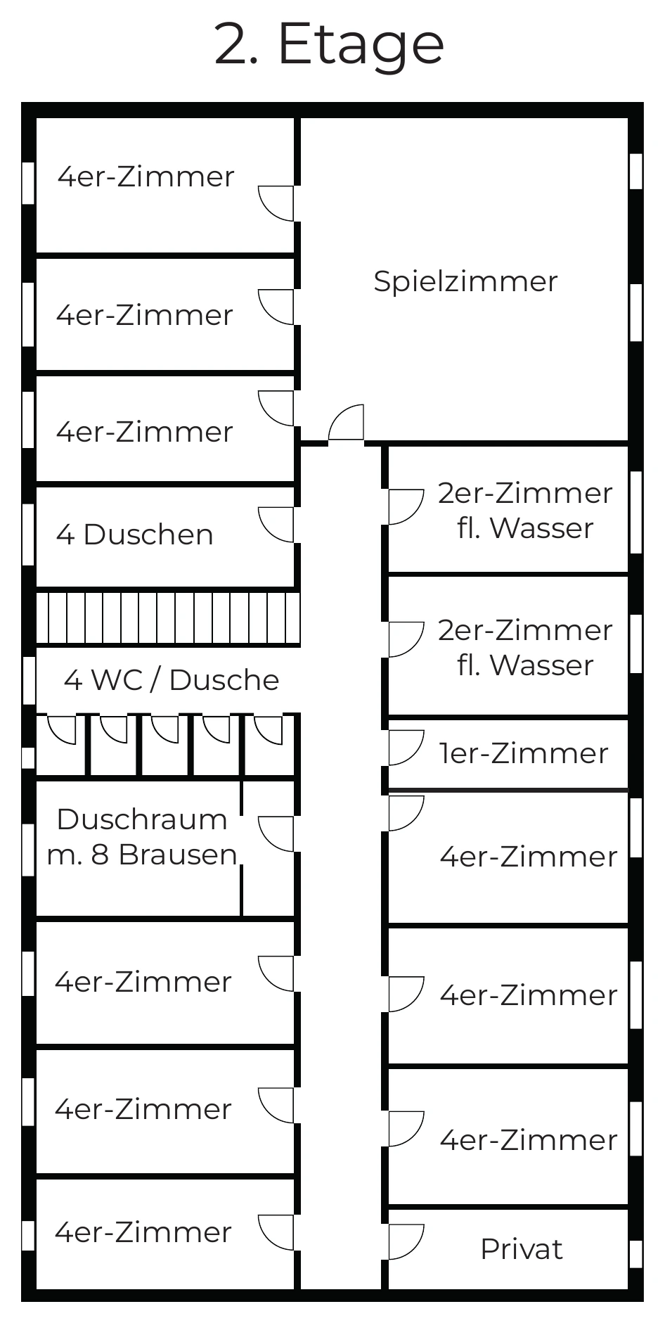Grundriss 2. Etage: Spielzimmer, Vierbettzimmer, Duschraum mit 8 Brausen