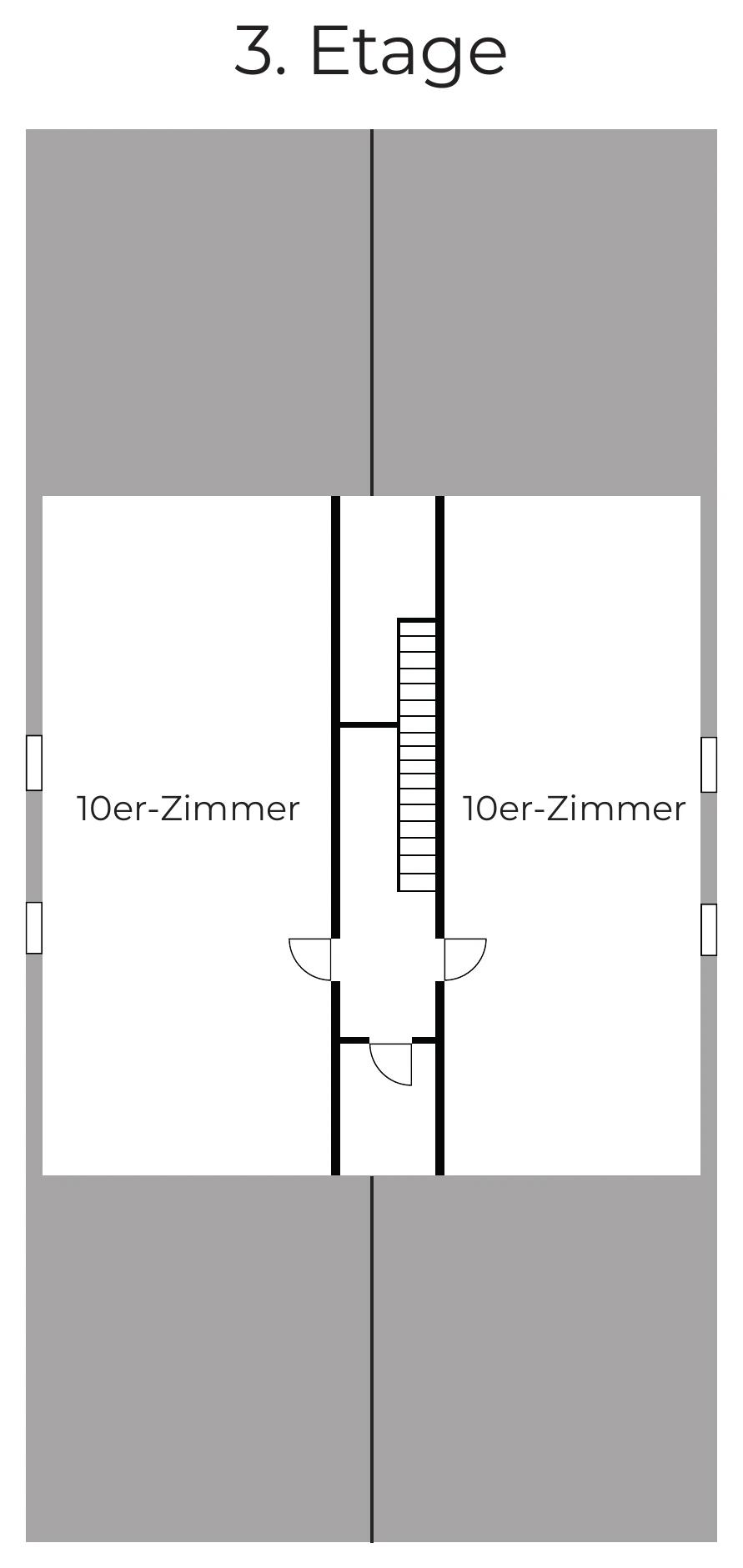 Grundriss 3. Etage: zwei Zehnbettzimmer unter dem Dach